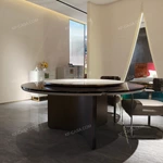 Arc-Base Dining Table with Marble Lazy Susan and Speckled Outer Panels
